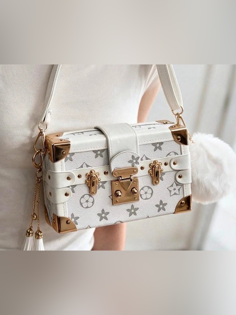 White & Gray Mini Trunk Crossbody Bag • Gold Hardware & Pom-Pom Charm and LOGO
